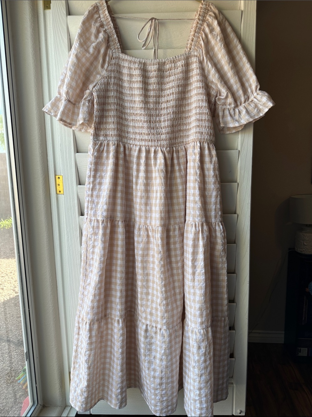 Zesica Cottagecore Tan White Gingham Smocked Tier Skirt Short Sleeve Dress XL